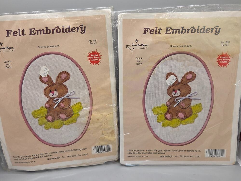 Vintage LOT of 2 Needle Magic Felt Embroidery Bunny Art 851 with Frames
